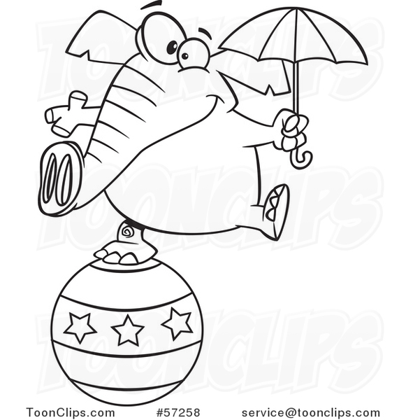 Cartoon Outline Circus Elephant Holding an Umbrella and Balancing on a Ball