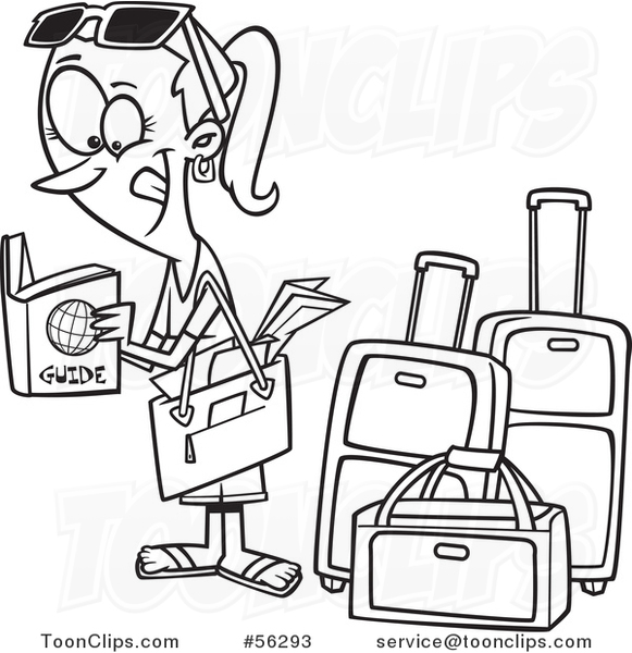 Cartoon Outline Excited Traveling Lady Reading a Guide by Luggage
