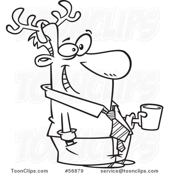 Cartoon Outline Festive Guy Wearing Antlers and Holding a Drink at a Christmas Party
