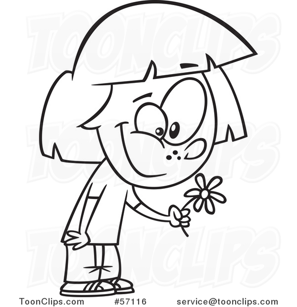 Cartoon Outline Girl Holding a Spring Flower