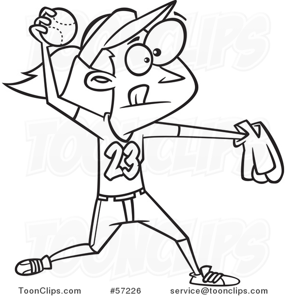 Cartoon Outline Girl Throwing a Softball