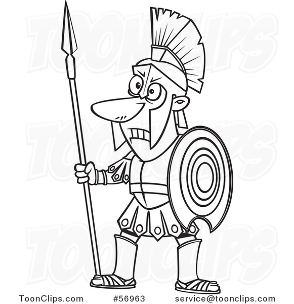 Cartoon Outline Greek God of War, Ares, in Full Armor, Holding a Spear