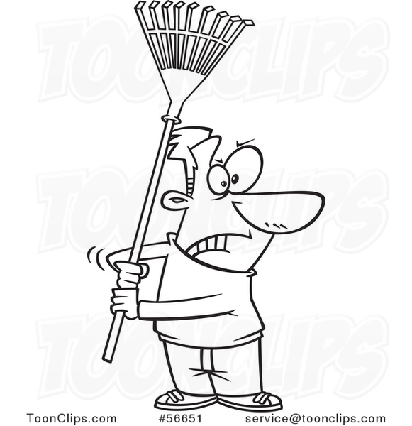 Cartoon Outline Guy Ready to Fight with a Rake