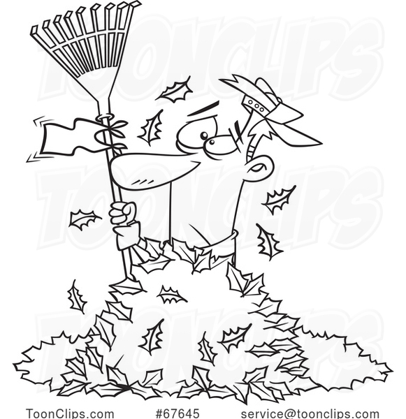 Cartoon Outline Guy Waving a White Rake Flag in a Pile of Autumn Leaves
