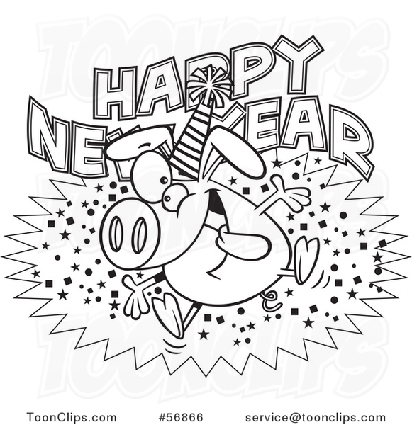 Cartoon Outline Hyper Pig Wearing a Party Hat and Jumping over a New Year Greeting