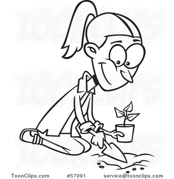 Cartoon Outline Lady Kneeling and Planting a Seedling