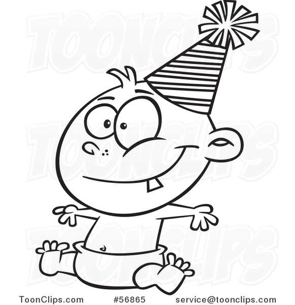 Cartoon Outline New Year Baby Sitting in a Diaper and Wearing a Party Hat
