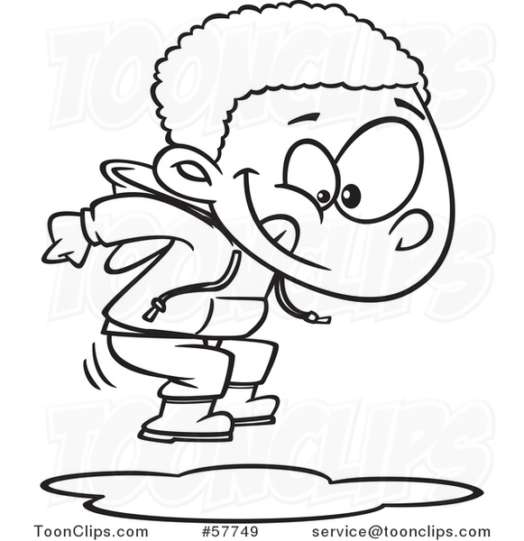 Cartoon Outline of Boy Jumping in Puddles