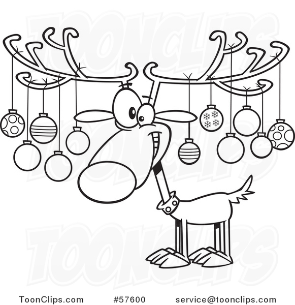 Cartoon Outline of Christmas Reindeer with Ornaments on His Antlers