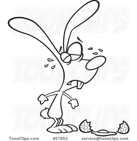 Cartoon Outline of Easter Bunny Crying over a Broken Egg