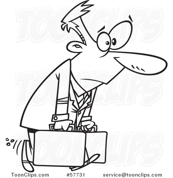 Cartoon Outline of Exhausted Man Carrying Briefcases on a Business Trip
