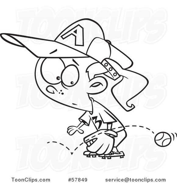 Cartoon Outline of Girl Baseball Player Trying to Stop a Grounder Ball