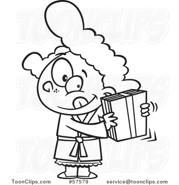 Cartoon Outline of Girl Shaking a Gift