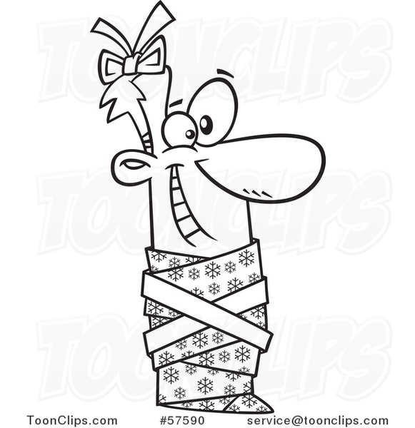Cartoon Outline of Man Wrapped up As a Christmas Gift