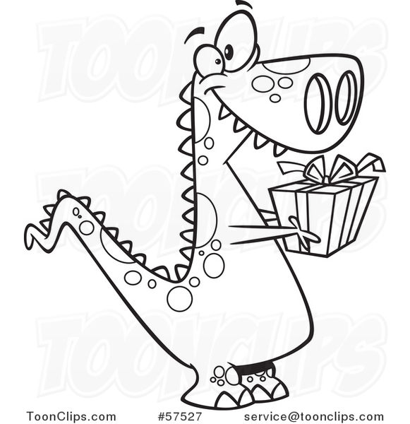 Cartoon Outline of Thoughtful T Rex Dinosaur Holding out a Christmas Gift
