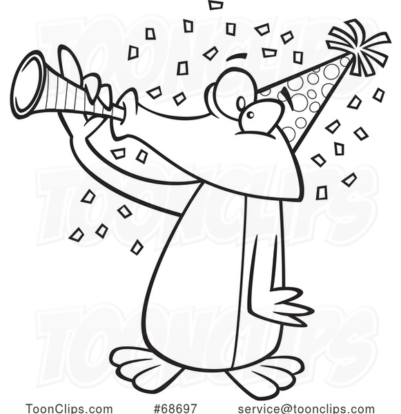 Cartoon Outline Party Penguin Blowing a Horn