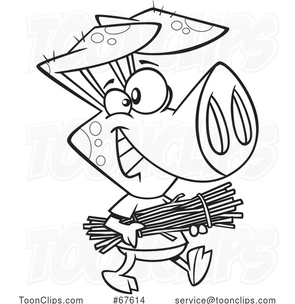Cartoon Outline Pig Carrying Sticks from the Three Little Pigs