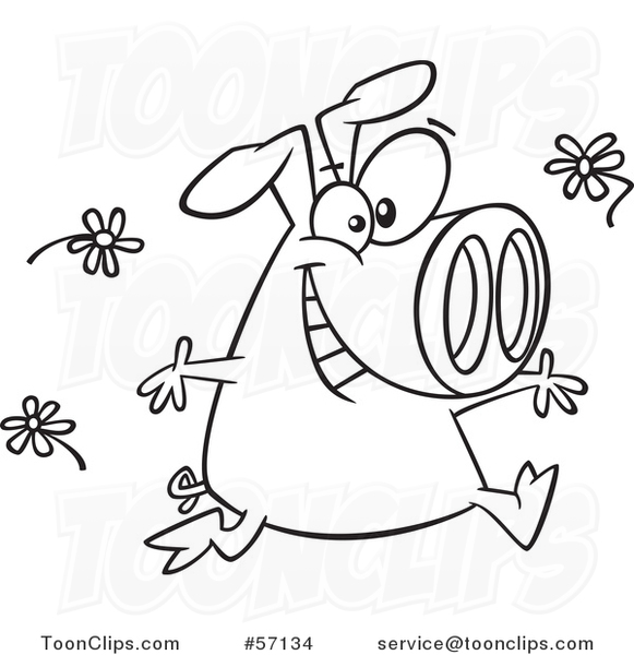 Cartoon Outline Pig Running and Tossing Spring Flowers