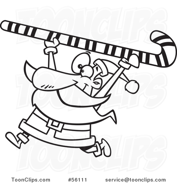 Cartoon Outline Santa Clause Carrying a Giant Christmas Candy Cane over His Head