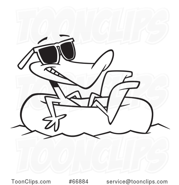 Cartoon Outline Summer Time Duck Wearing Sunglasses and Floating in an Inner Tube