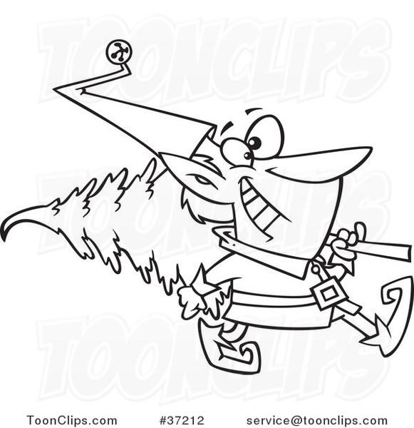 Cartoon Outlined Christmas Elf Carrying a Tree