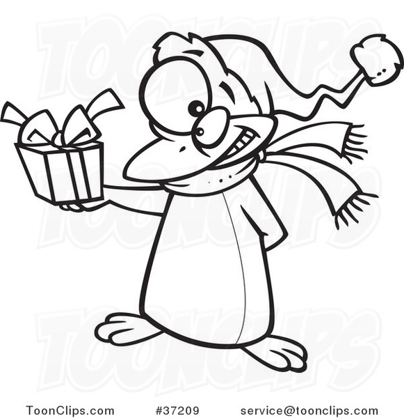 Cartoon Outlined Christmas Penguin Giving a Present