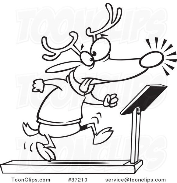 Cartoon Outlined Christmas Reindeer Running on a Treadmill