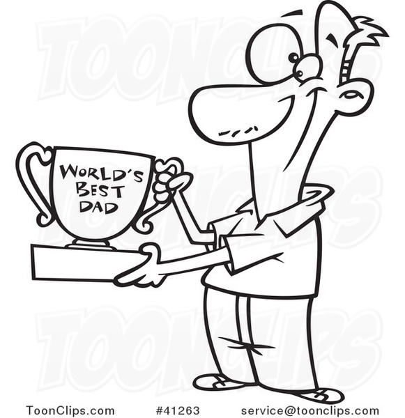 Cartoon Outlined Father Proudly Holding a Worlds Best Dad Trophy Cup