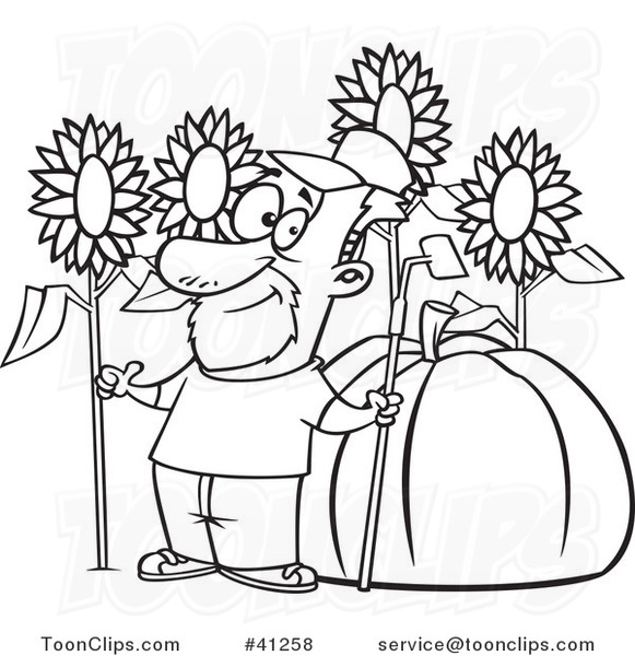 Cartoon Outlined Green Thumb Farmer with Sunflowers and a Giant Pumpkin