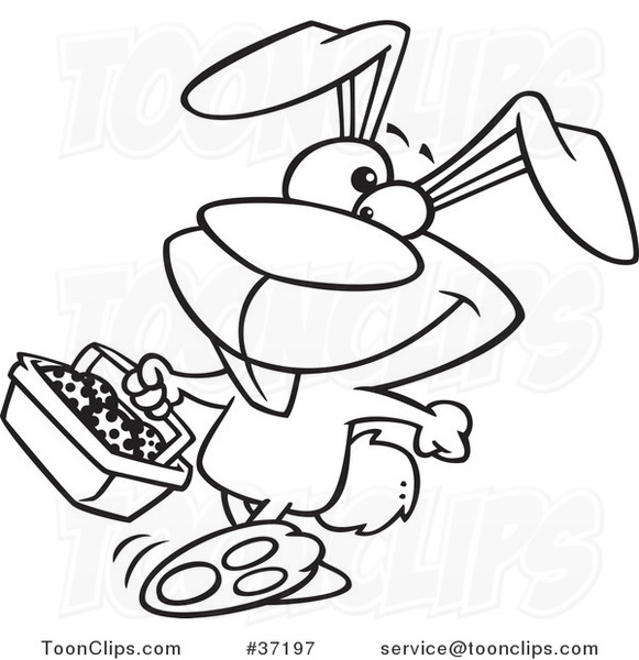 Cartoon Outlined Happy Easter Bunny Carrying a Basket of Eggs