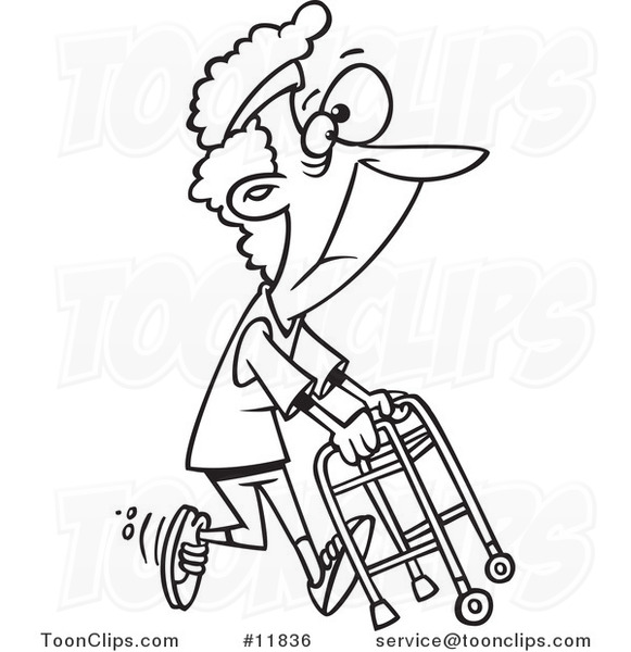 Cartoon Outlined Healthy Granny Exercising with Her Walker