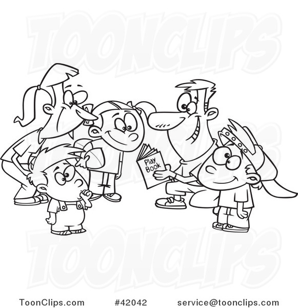 Cartoon Outlined Huddling Family Going over a Football Play Book
