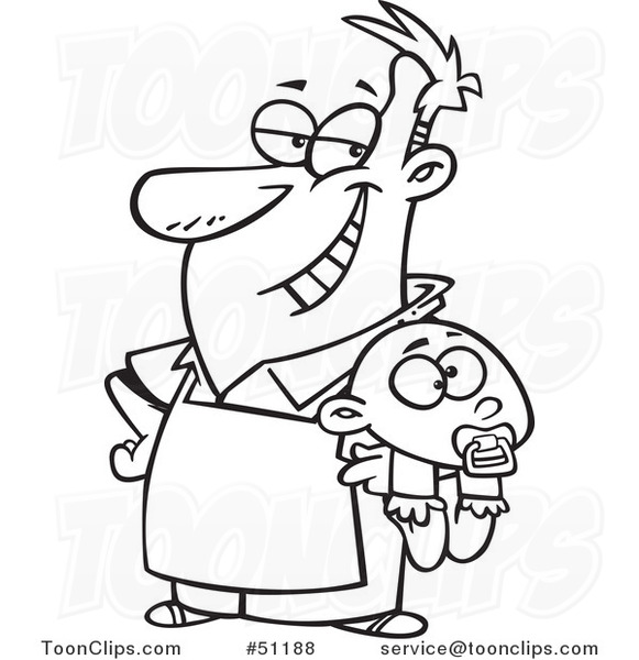 Cartoon Outlined Proud Stay at Home Dad Holding a Baby