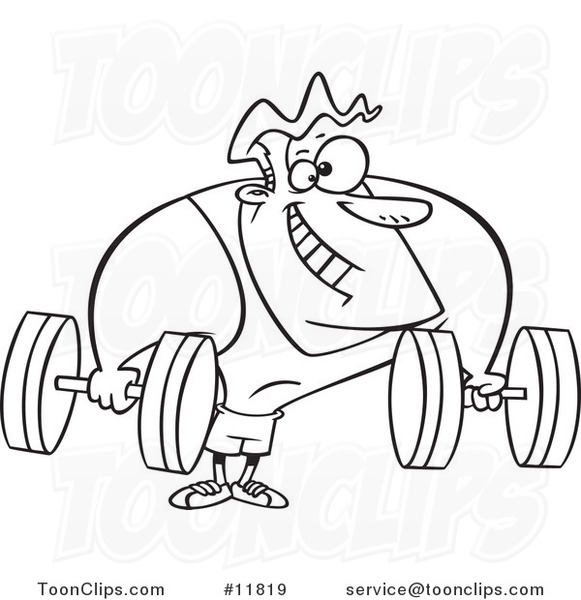 Cartoon Outlined Strong Body Builder Holding Dumbbells