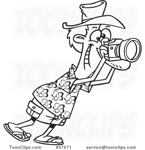 Cartoon Outlined Tourist Snapping Photographs