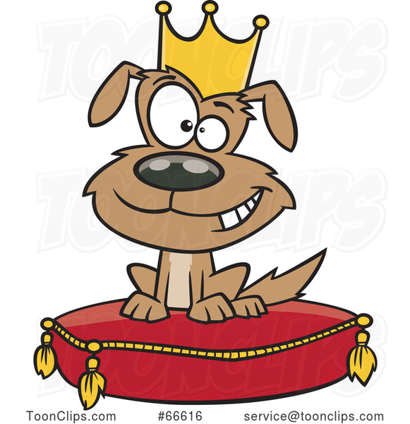 Cartoon Pampered Dog Wearing a Crown and Sitting on a Pillow