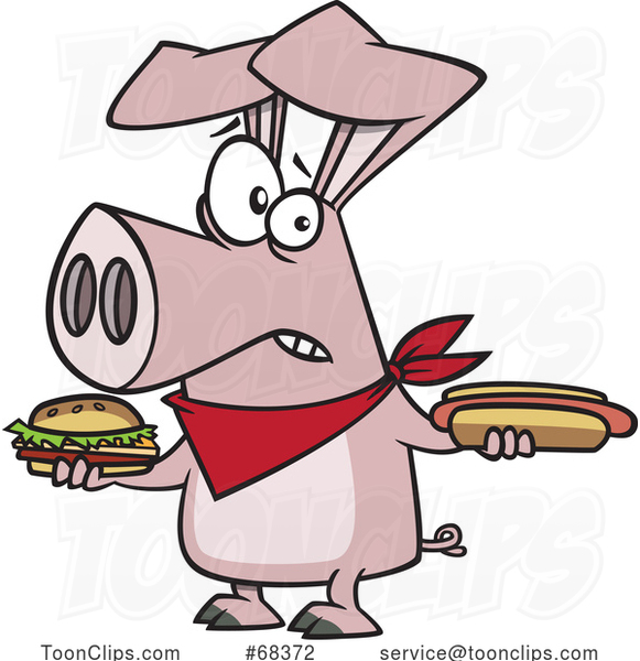 Cartoon Pig Holding a Hot Dog and Cheeseburger