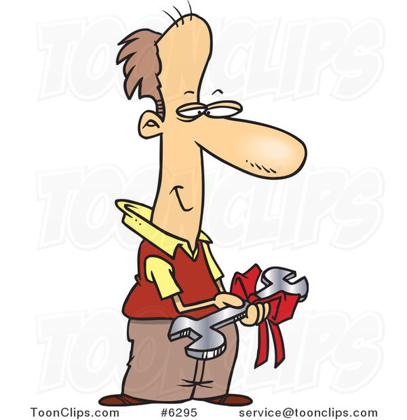 Cartoon Pleased Dad Holding a Wrench Gift