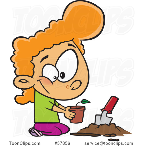 Cartoon Red Haired White Girl Planting a Seedling