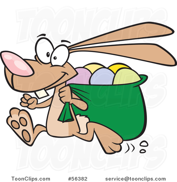 Cartoon Running Brown Bunny Rabbit with a Sack of Eggs