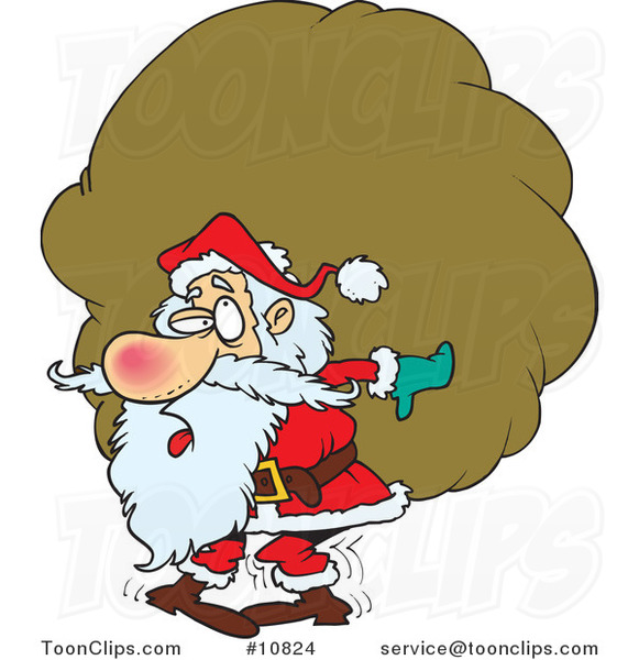 Cartoon Santa Carrying a Heavy Sack