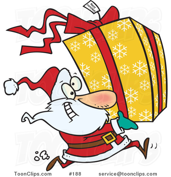 Cartoon Santa Claus Running to Deliver a Large Christmas Present Gift Wrapped in a Red Bow, Ribbon and Yellow Paper with a White Snowflake Pattern
