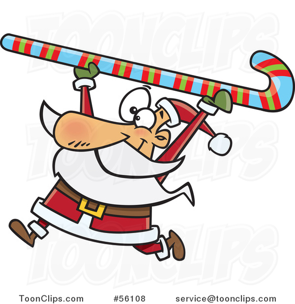 Cartoon Santa Clause Carrying a Giant Christmas Candy Cane over His Head
