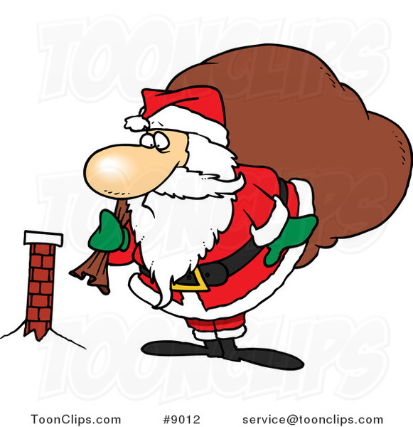 Cartoon Santa Inspecting a Tiny Chimney