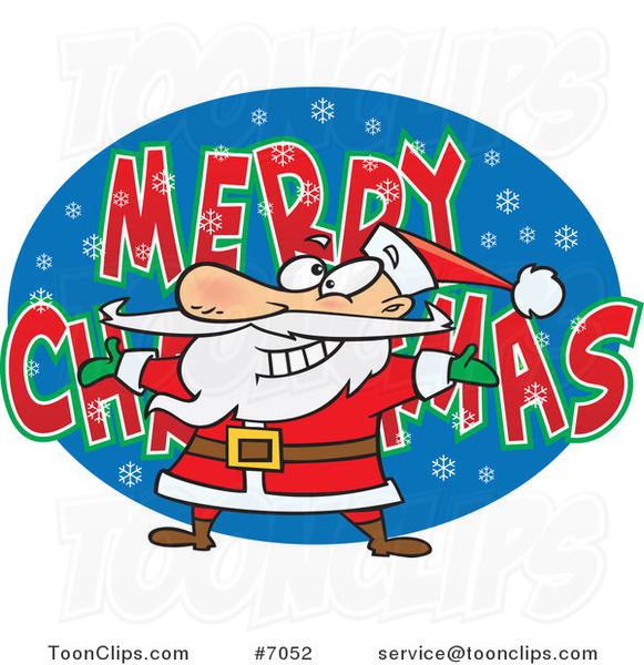 Cartoon Santa over MERRY CHRISTMAS