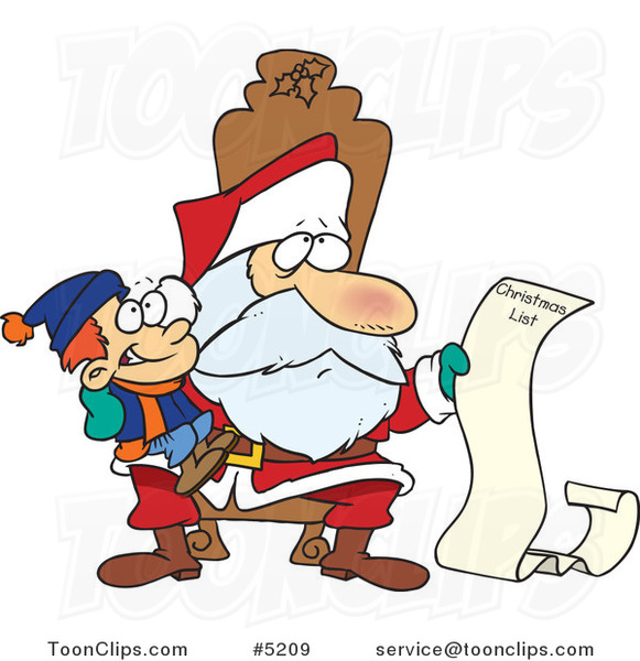 Cartoon Santa Reading a Boy's Long Christmas List
