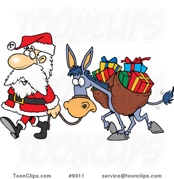 Cartoon Santa Walking with a Donkey