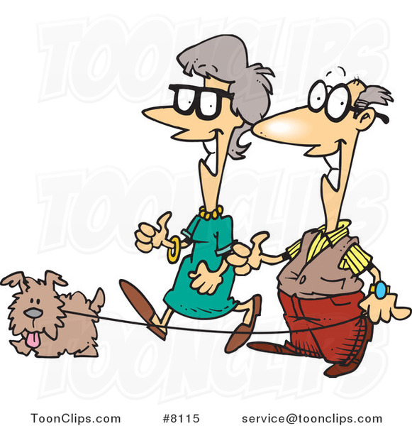 Cartoon Senior Couple Walking Their Dog