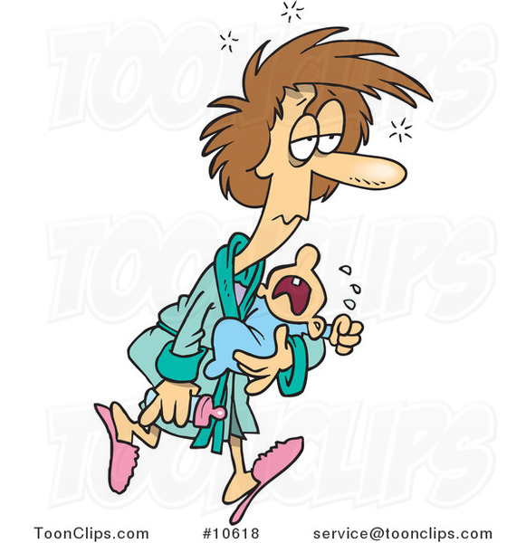 Cartoon Sleepless Mother Carrying a Crying Baby
