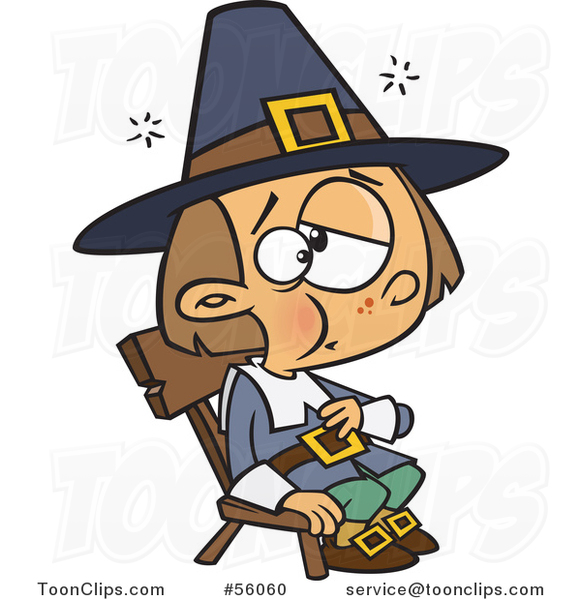 Cartoon Stuffed White Pilgrim Boy Sitting and Rubbing His Tummy